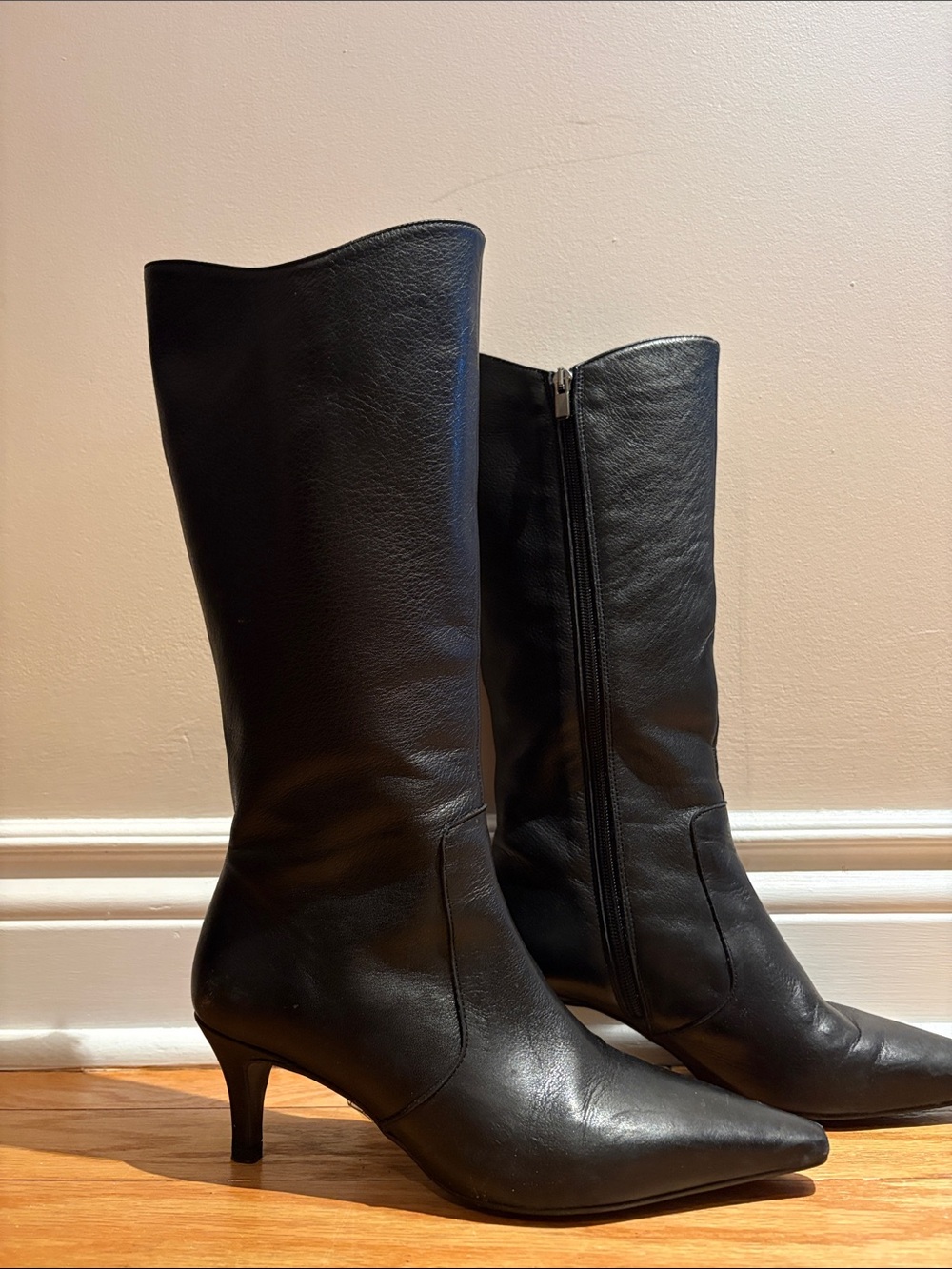 Black Leather Mid-Calf Pointed Toe Kitten heel Boots